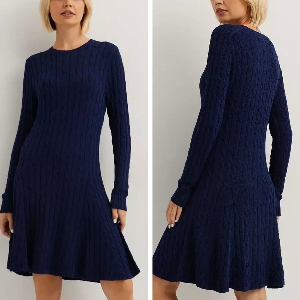 Polo Ralph Lauren Cable-Knit Cotton Crew Neck Long Sleeve Sweater Dress Blue S